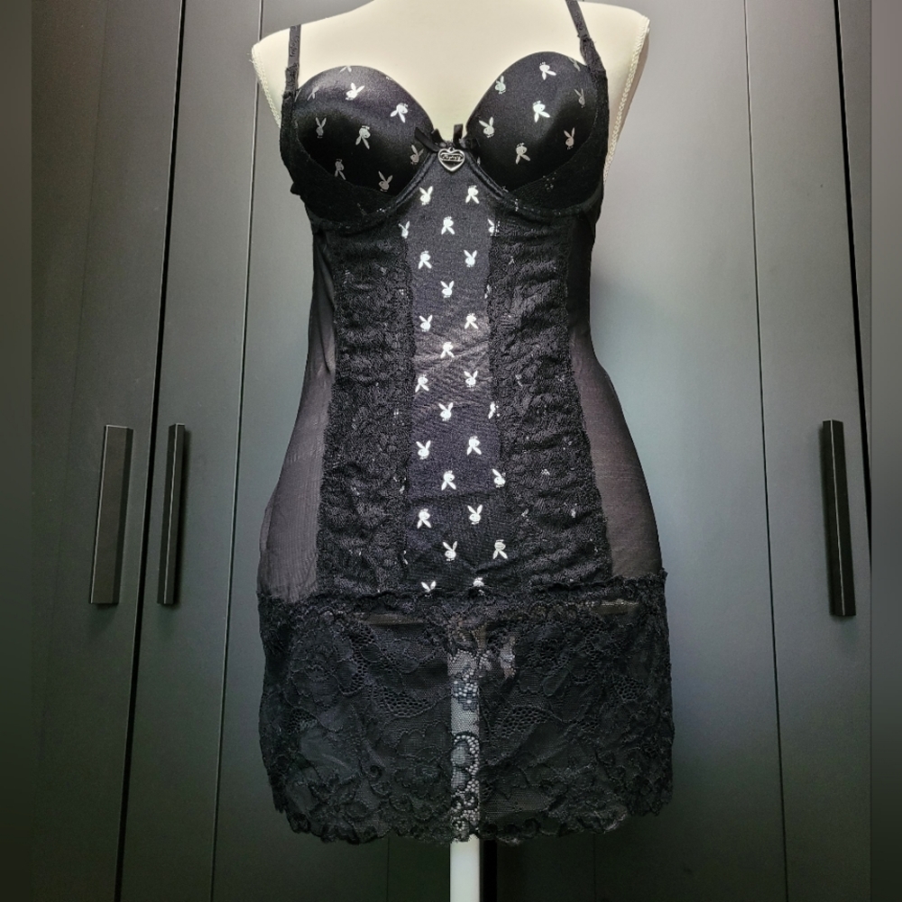 Playboy bunny Y2K style black lace lingerie slip dress with padded bra cups